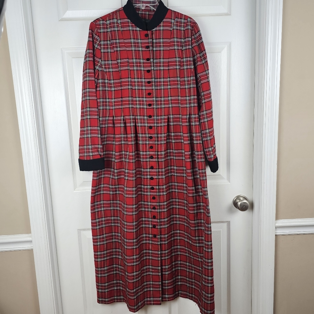 Orvis Red‎ Plaid Long Sleeve 16 Pleated Dress Holiday Midi Photos Party 80s 90s